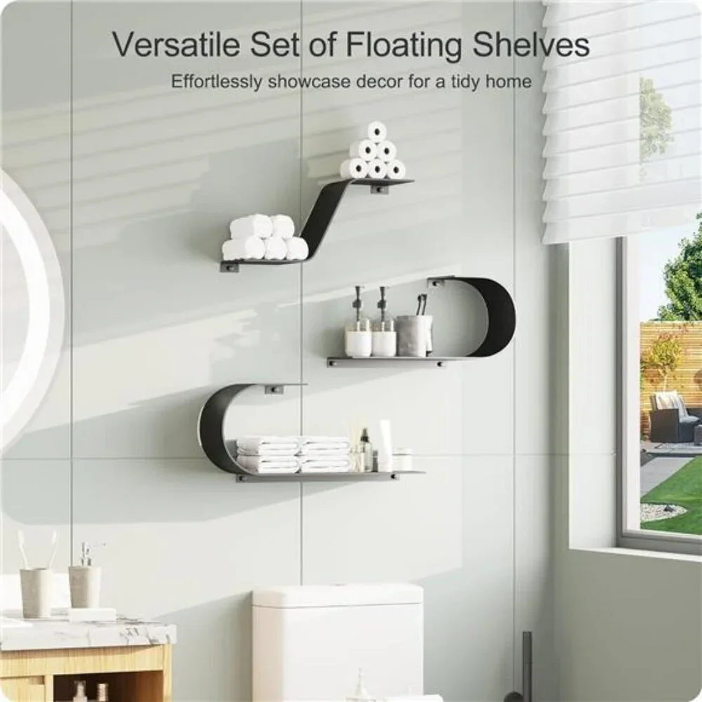 Black Metal Floating Shelves Set of 3 Wall Mounted Shelf for Home Decor